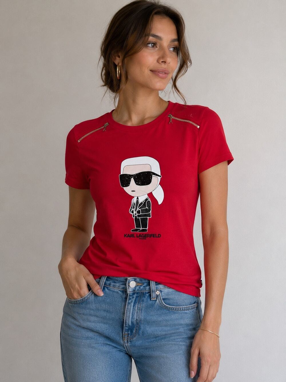 Karl Lagerfeld Paris Ikonik Graphic Tee Red Zip Shoulder Size S NWT